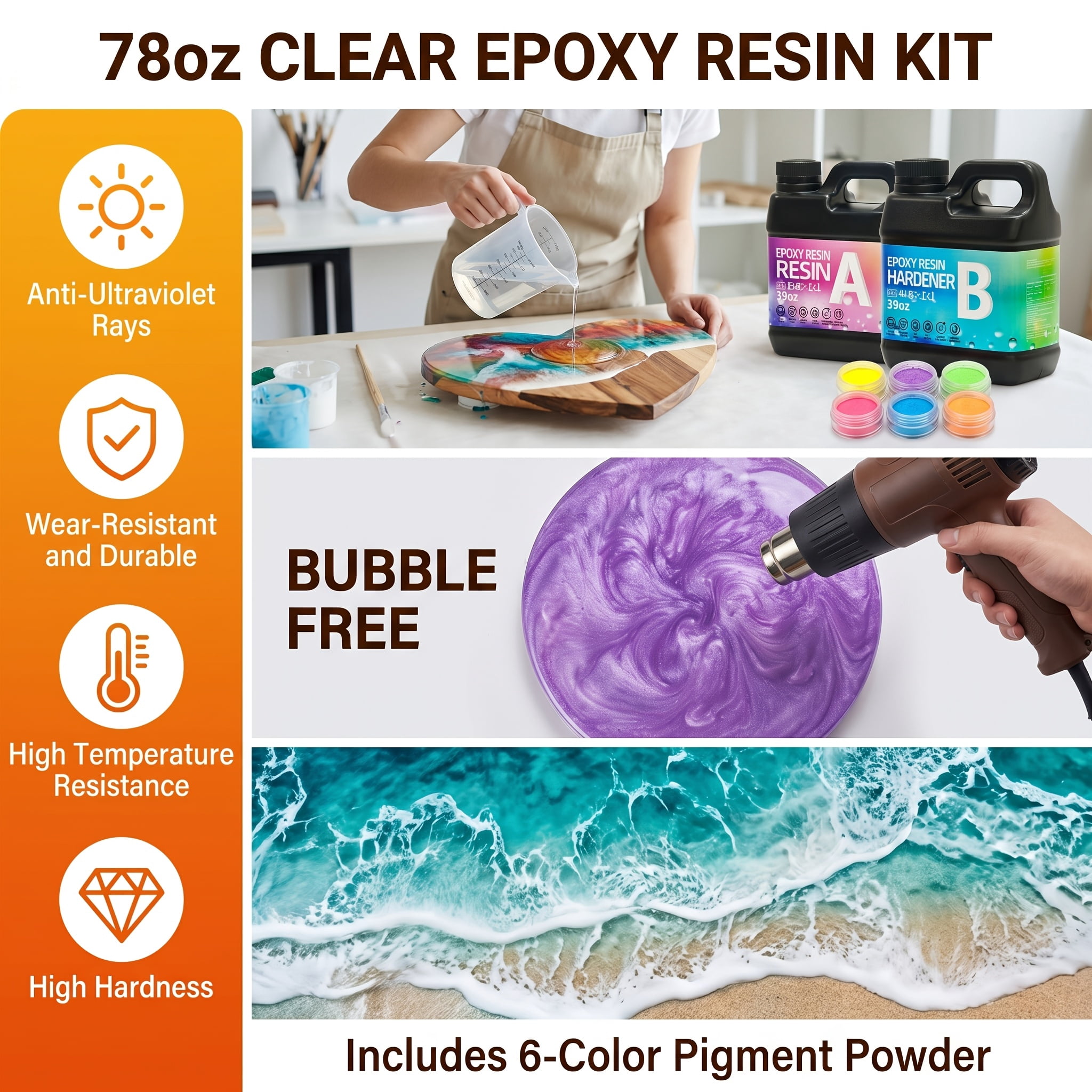 Crystal Clear Epoxy Resin 78oz with 6 color Luminous power- 1:1 Mixing Ratio, Bubble Free & Anti-Yellowing - High Gloss Casting & Coating Resin for Jewelry, River Tables, Bar Top, Countertops & Wood