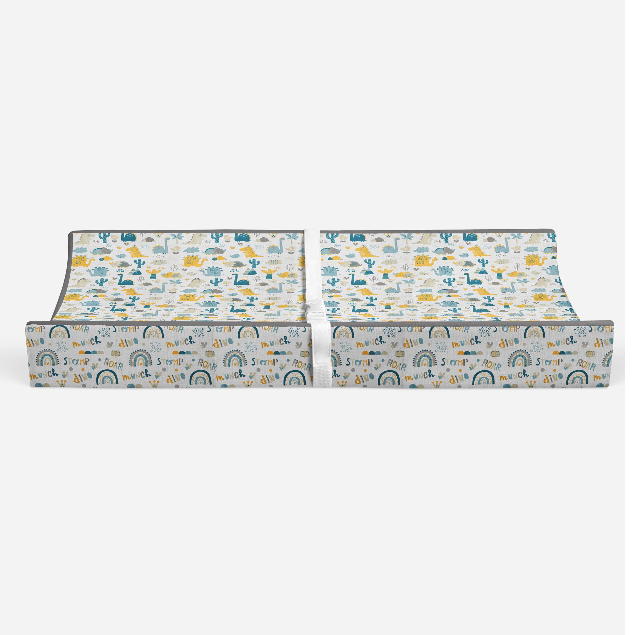 Bacati - Muslin Quilted Changing Pad Cover, Little Dino Boys Aqua/Teal/Yellow/Gray