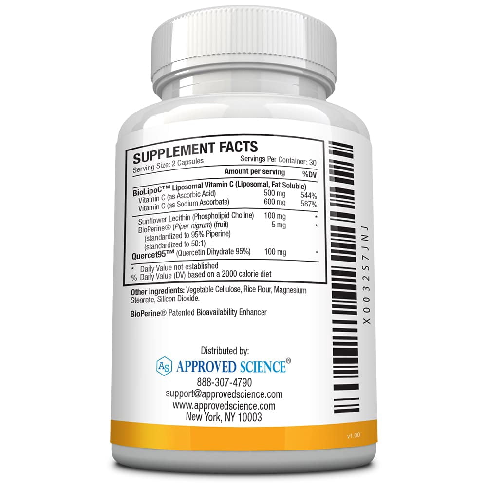 Approved Science Liposomal Vitamin C - 1100 mg - 60 Capsules - Immune Support, Boost Collagen, Antioxidant - High Absorption - Fat Soluble - Non GMO - Vegan - Made in The USA