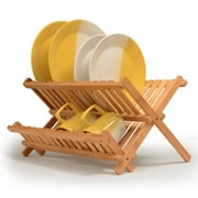 Bamboo Dish Rack Foldable Drying Collapsible Dish Drainer Wooden Plate Rack.