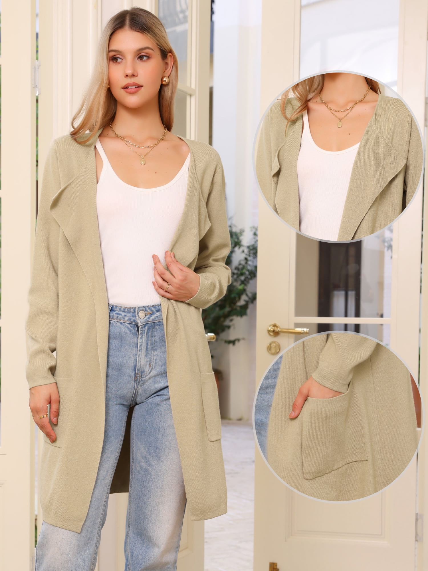 DARING DIVA Women's Spring Open Front Knit Long Cardigan Sweaters XS Khaki