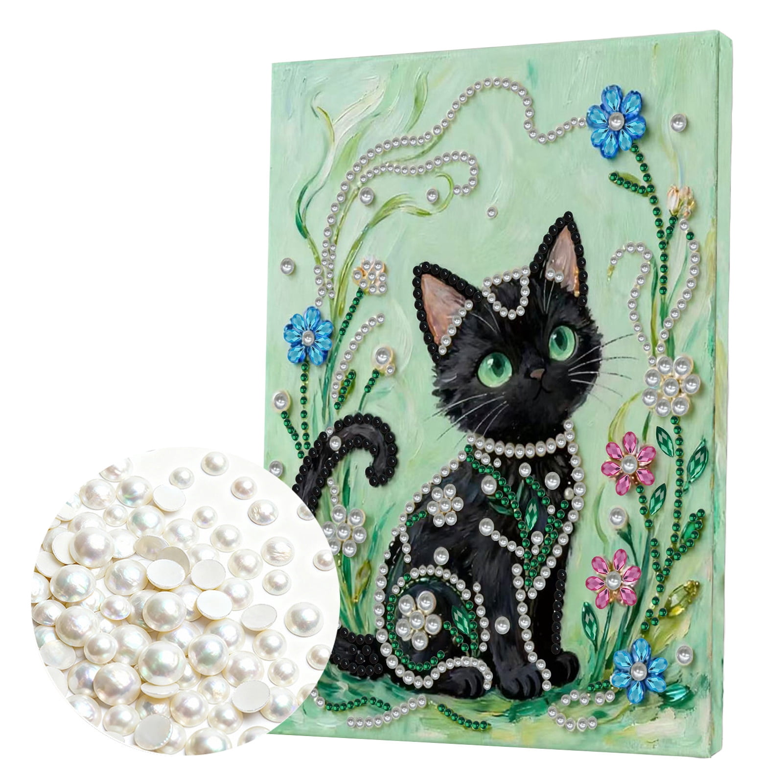 FLOPESN DIY Gemstone Pearl Diamond Art Painting Kit with Frame, 11.81x15.75in Colored Canvas, Home Decor Display for Tabletop and Wall -Black Cat