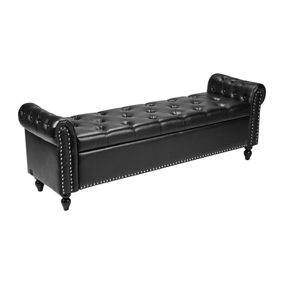 Storage Ottoman Bench, Button Tufted PU Leather with Wood Legs - Black, 65.4" Living Room Entryway Footrest