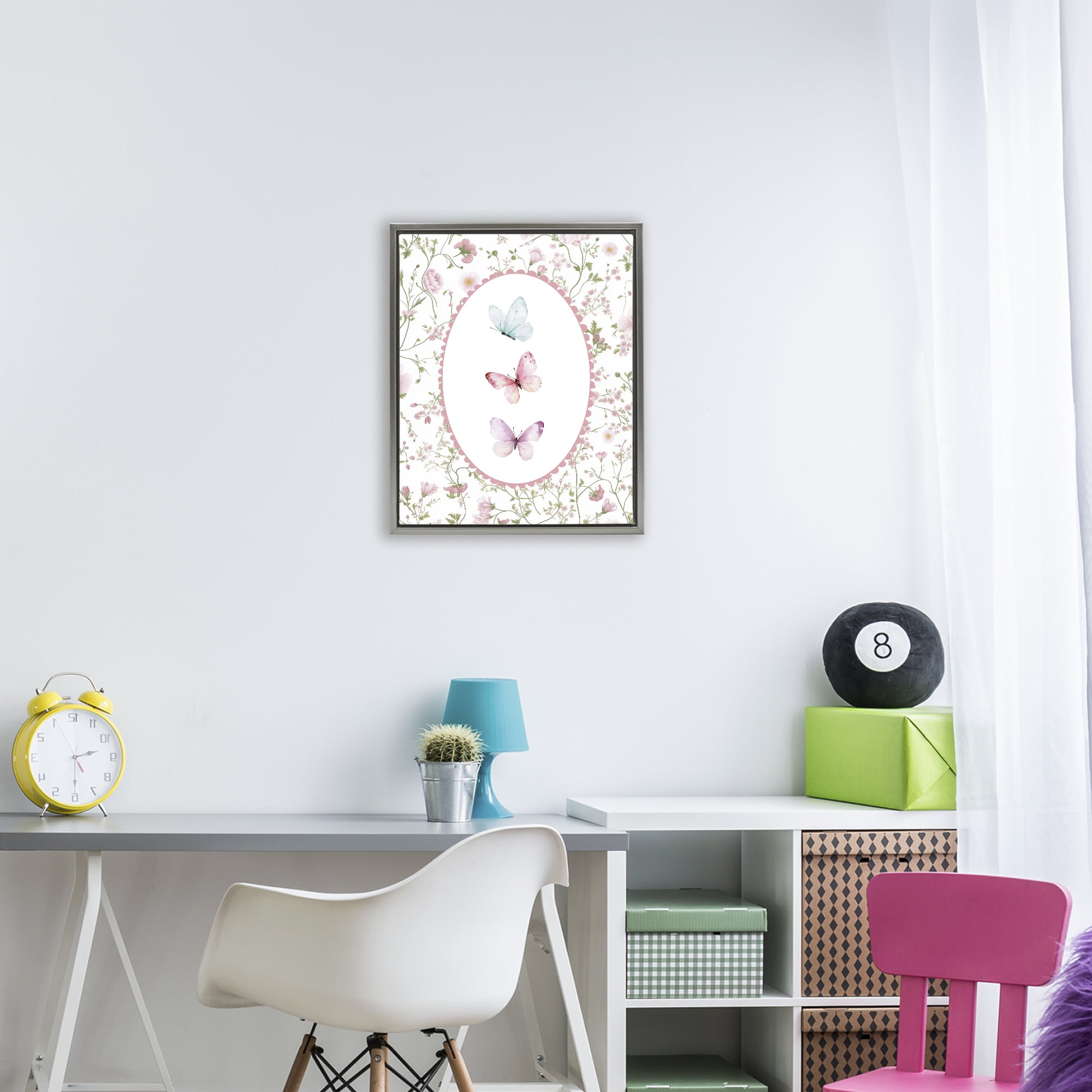 Delicate Florals & Butterfly Gray Framed Floater Canvas Wall Art, design by Christine Simpson Art