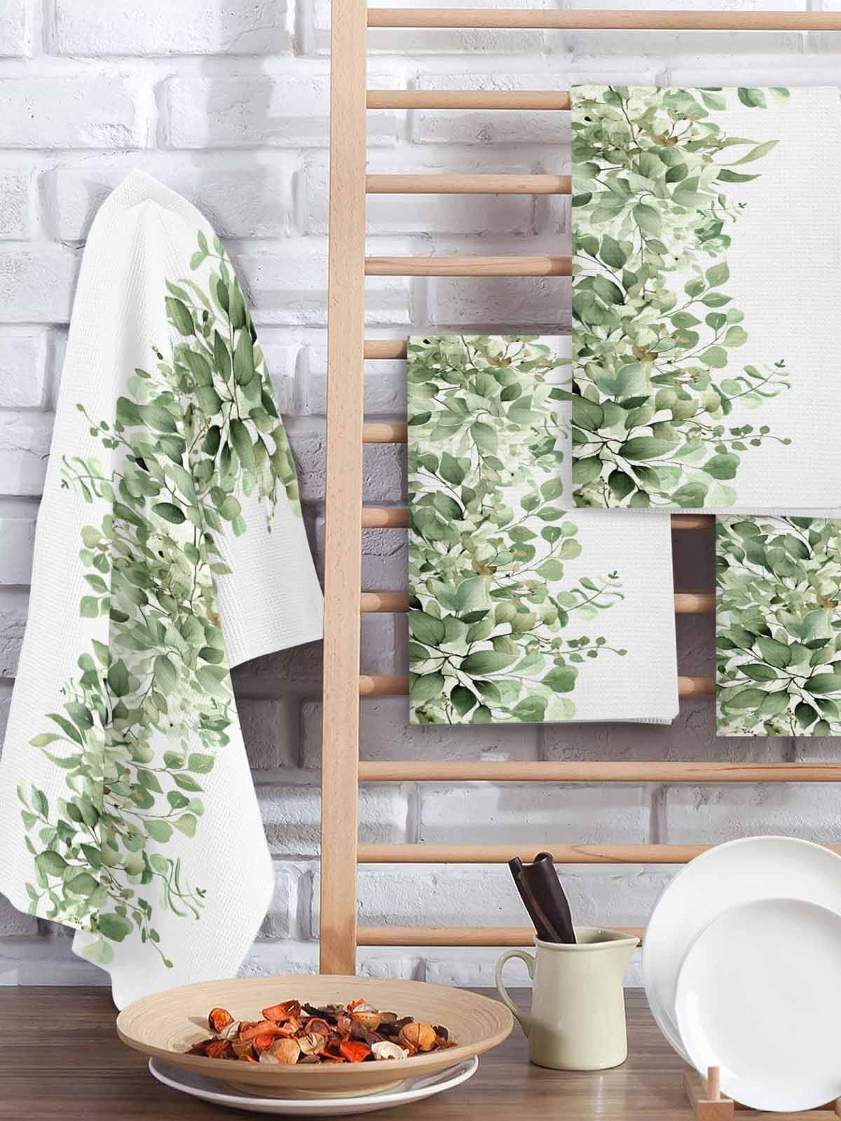 Sage Green Eucalyptus Leaves Hand Towels Set,Waffle Weave Kitchen Towels 3Pcs,Spring Summer Botanical Floral Microfiber Hair Face Bath Tea Towel Absorbent Cleaning Dish Cloths 15.7"x23.6"
