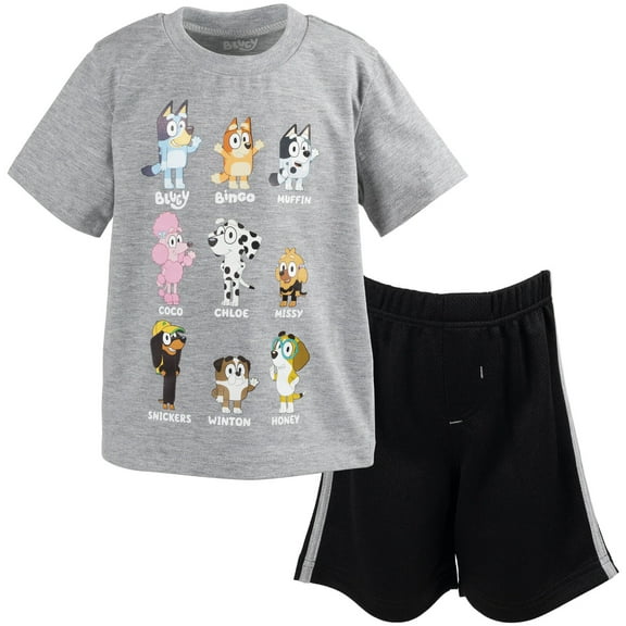 Bluey Little Boys' Athletic Mesh 2-Piece T-Shirt and Shorts Set Bluey Friends Grey