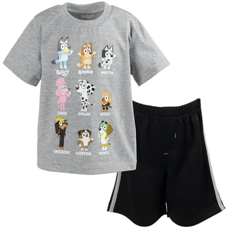 Bluey Big Boys Athletic Mesh 2-Piece T-Shirt and Shorts Set Bluey Friends Grey
