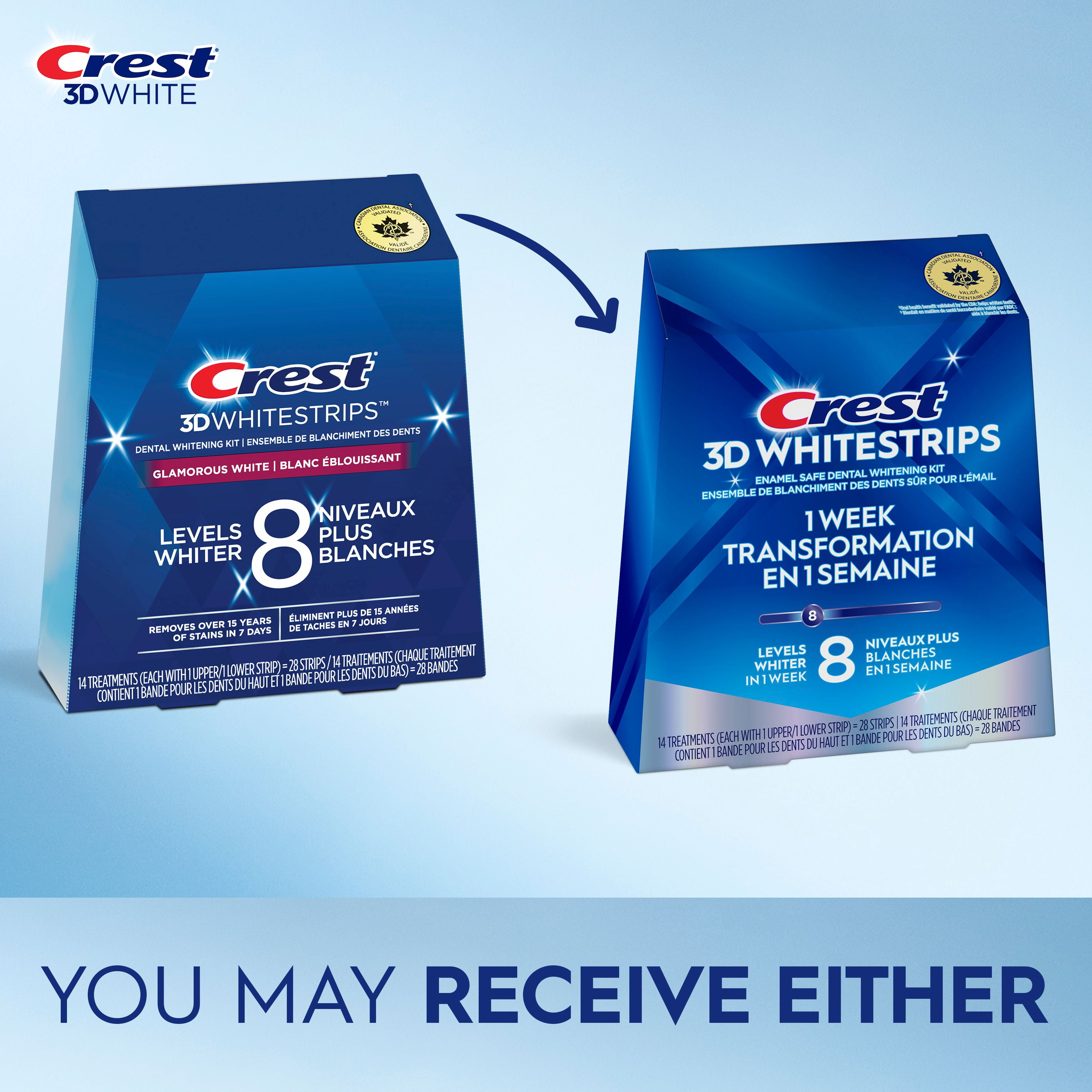 Crest 3D Whitestrips Glamorous White At-home Teeth Whitening Kit, 8 Levels Whiter, 14 Treatments