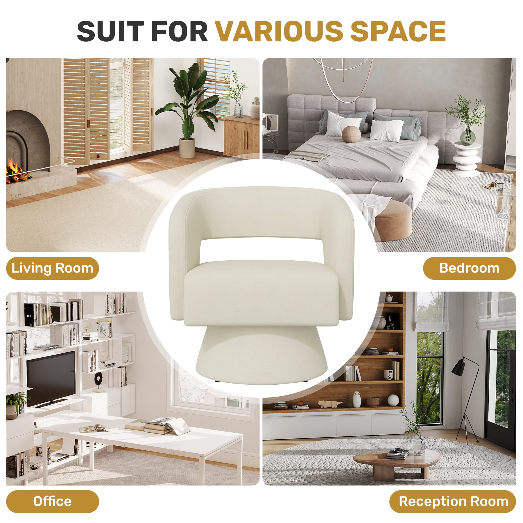 MOONMISS Oversized Chenille Swivel Barrel Accent Chair,Modern Comfy Round Arm Upholstered Armchair for Living Room,Beige