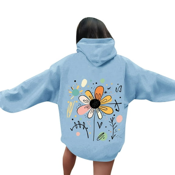 XUNKUSGA Women Hoodies Floral Graphic Hoodies for Women Long Sleeve Hooded Neck Pullover Sweatshirt with Pocket Loose Y2k Vintage Drop Shoulder Pullover Top S-2XL