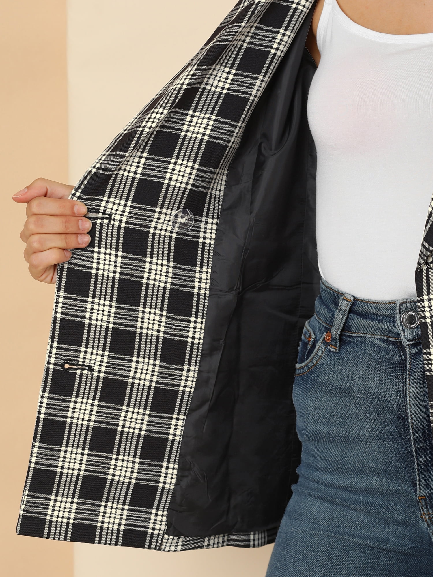 DARING DIVA Women's Plaid Notched Lapel Blazer Jacket M Black
