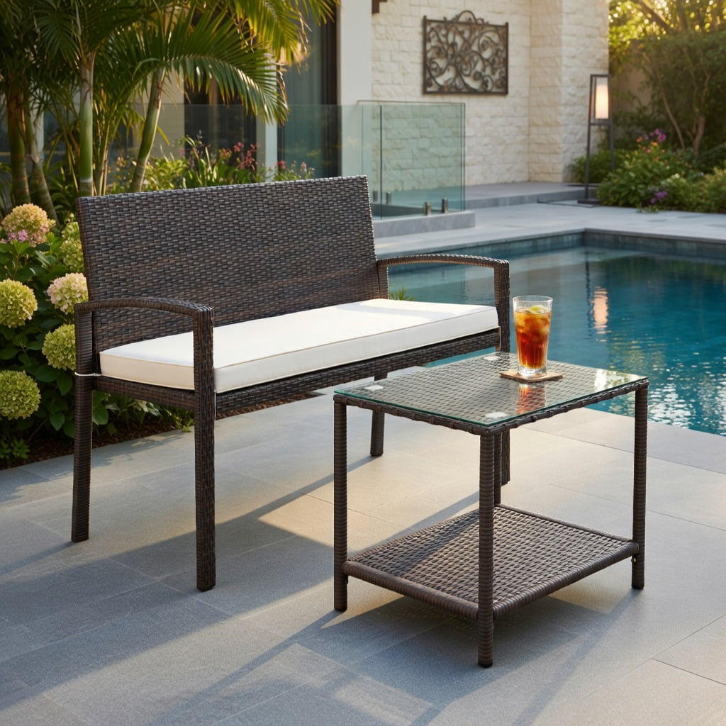 Hommoo 2-Seat Outdoor Wicker Loveseat Bench with Removable Off-White Cushions, PE Rattan & Metal Frame, Patio Garden Poolside Seating, Natural