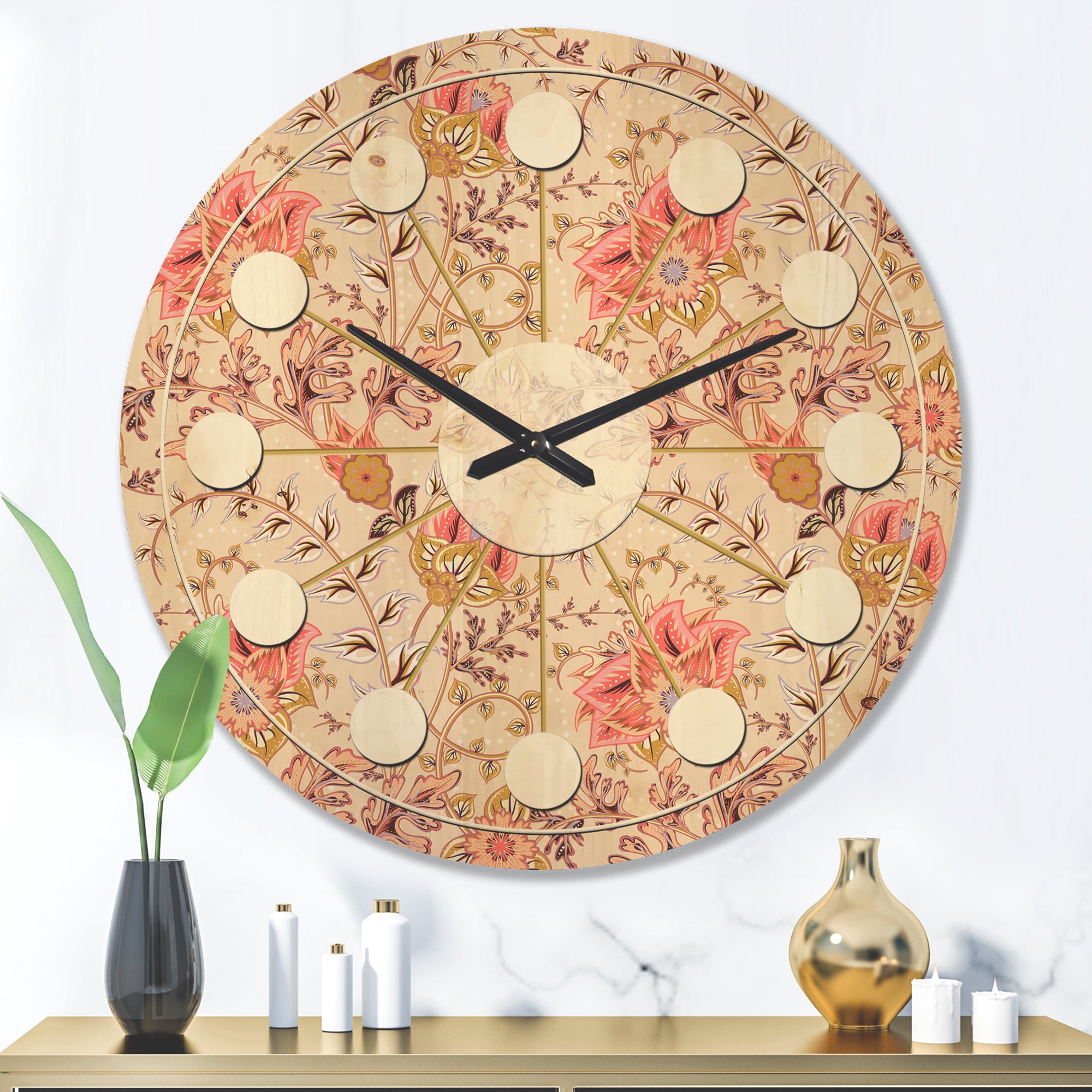 Designart 'Oriental Floral Paisley Retro Pattern' Mid-Century Modern Wood Wall Clock