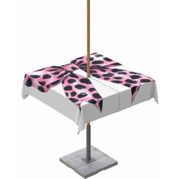 nqOlkjepod Leopard Print Bow Outdoor Tablecloth with Umbrella Hole & Zipper, Pink Colored Polka Dot Butterfly Tie Square Table Cover 54x54 Inch, Dining Waterproof Table Cloth Protector for Patio