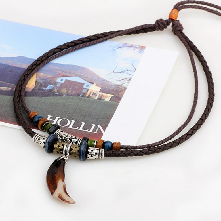 Leather Tribal Tooth Necklace for Women Men Vintage Boho Style Ethnic Wood  Beads