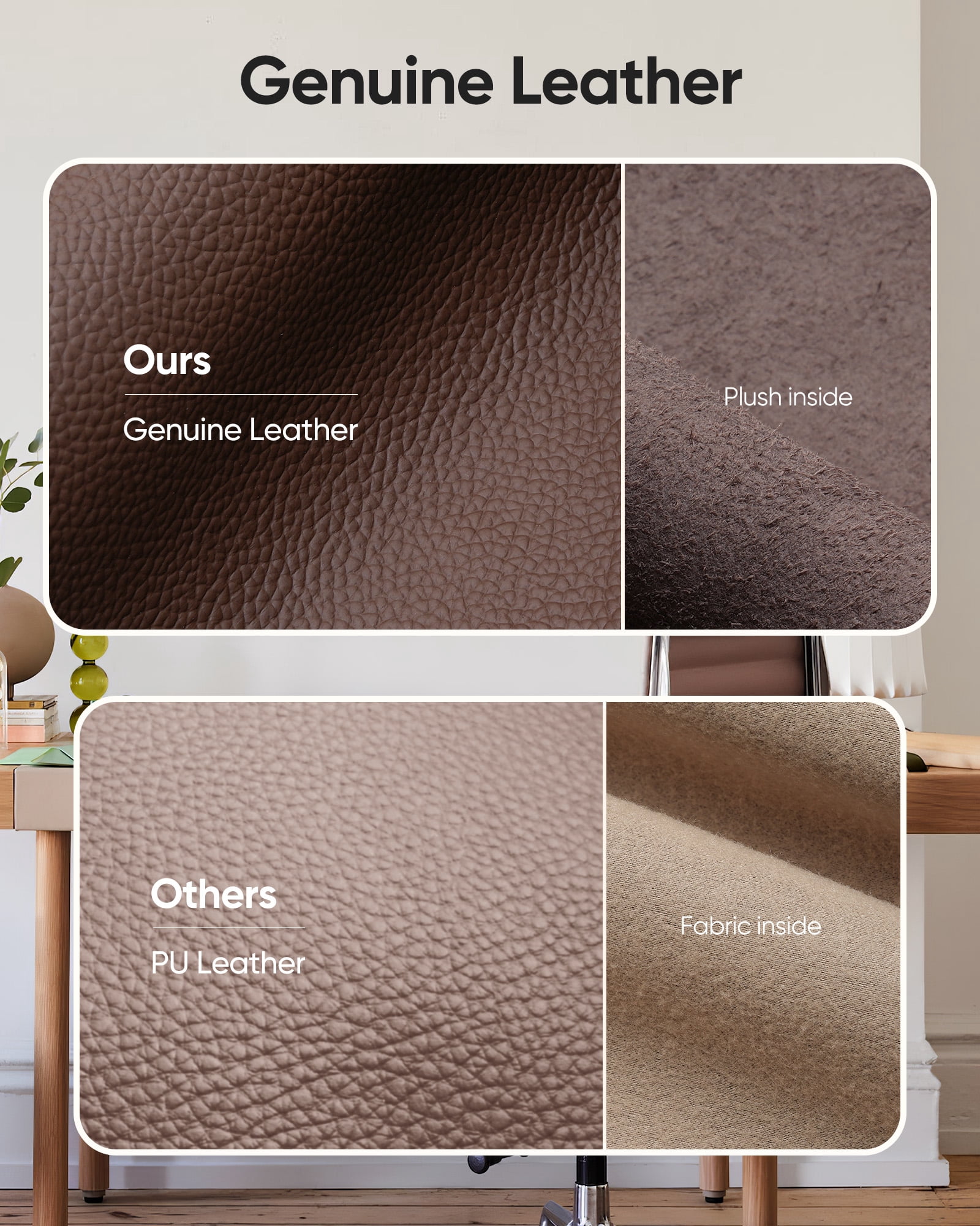 Mid-Back Ribbed Office Chair Adjustable Leather Computer Chair Ergonomic Lumbar Support,Swivel Desk Chair,Brown,1pc