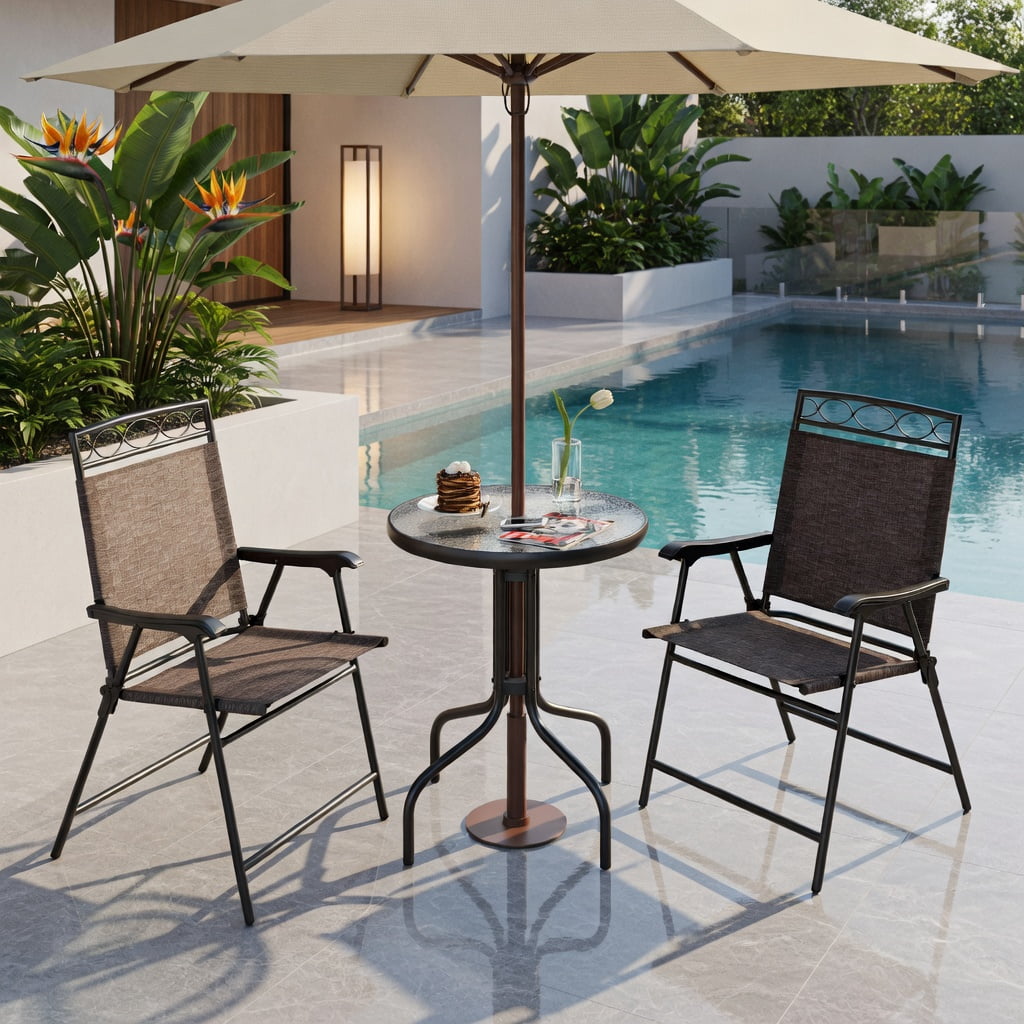 Hommoo 3-Piece Outdoor Bistro Set, Foldable Metal Patio Chairs + Round Tempered Glass Table with 1.57" Umbrella Hole, Compact for Balcony, Porch & Small Spaces, Brown & Black