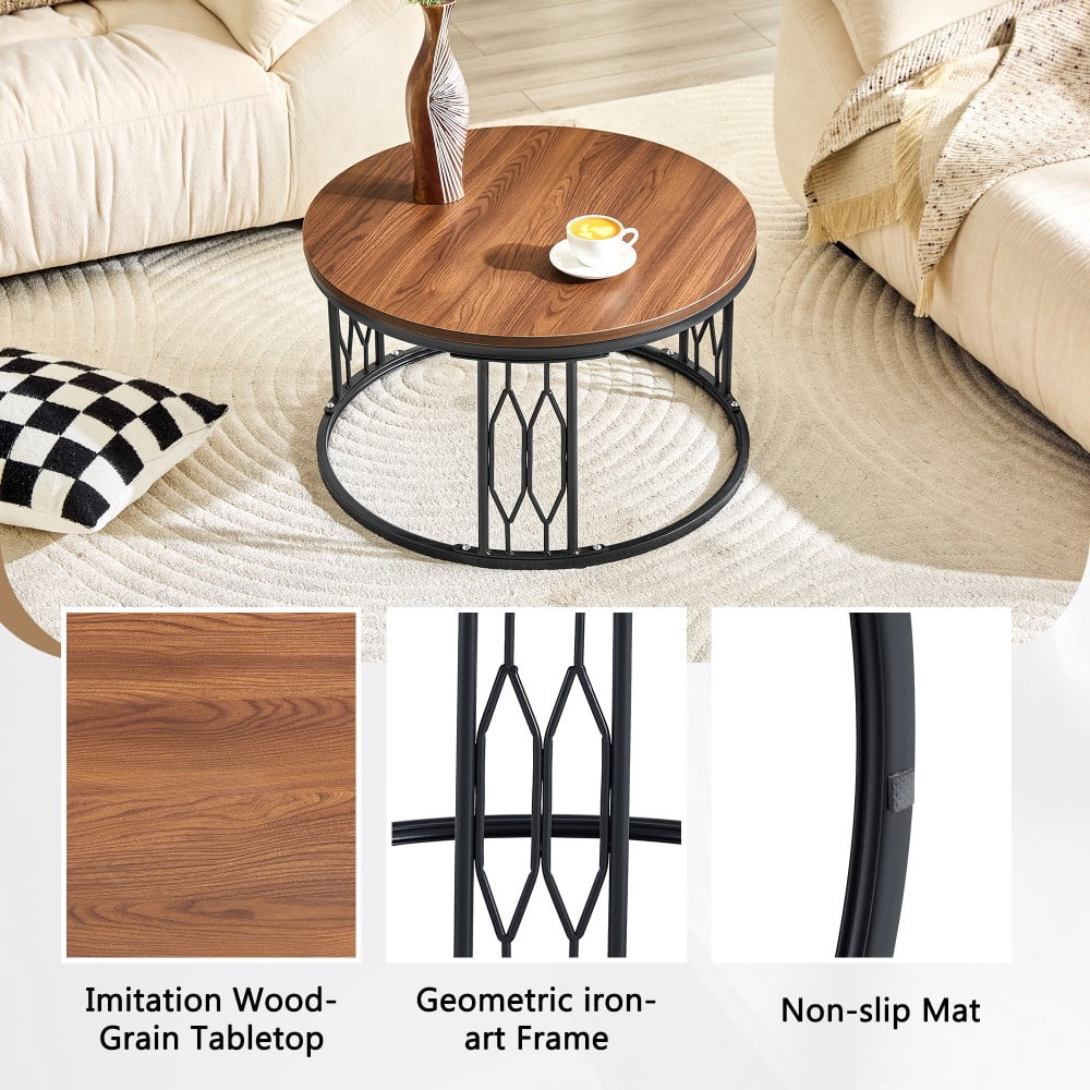 Round Coffee Table, 27.5" Coffee Table with Stone-Effect Travertine Top, Metal Frame, Modern Living Room Table, Walnut