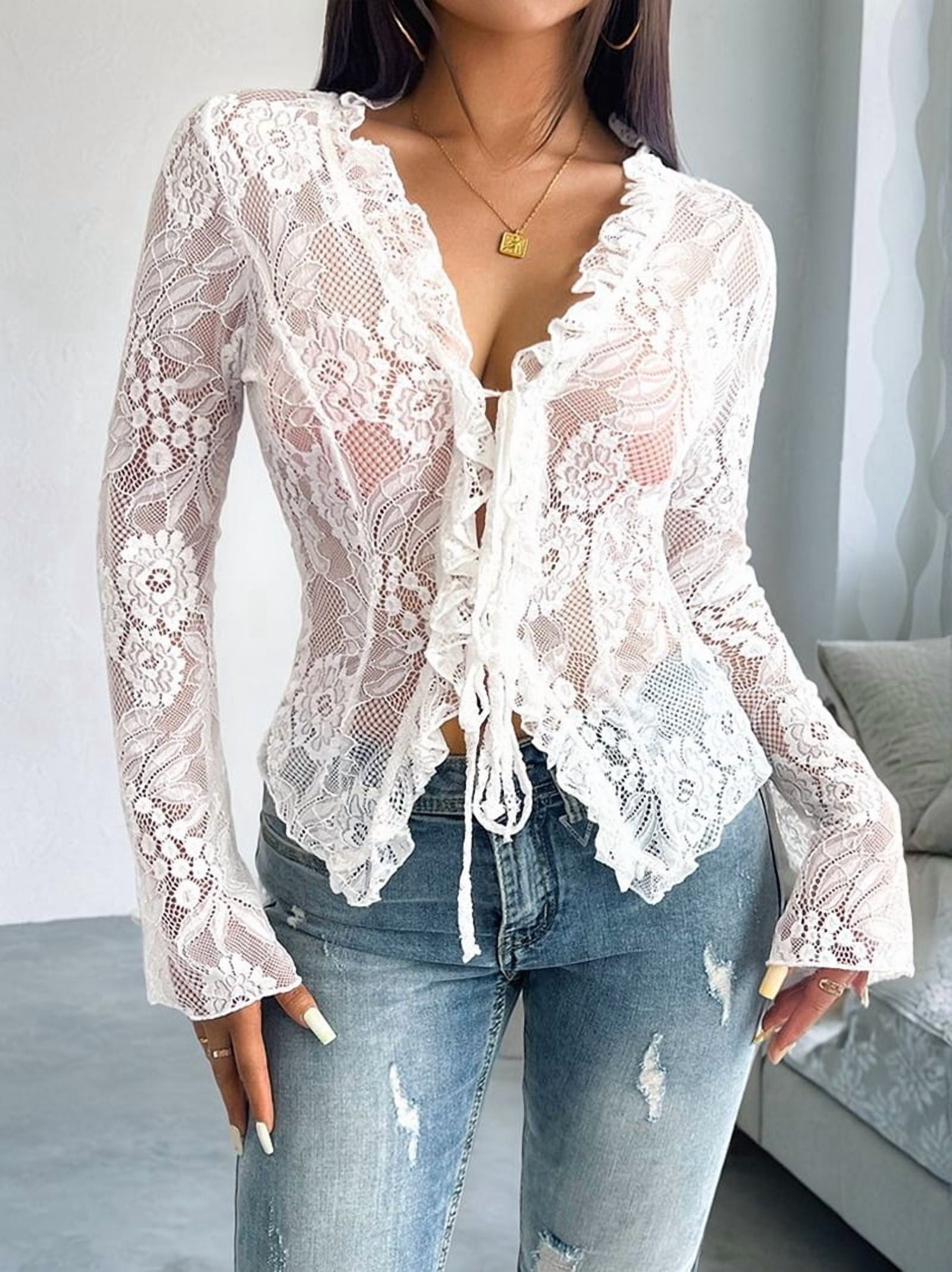 Women'S V Neck Lace Sheer Top Mesh See Through Shirts Open Front