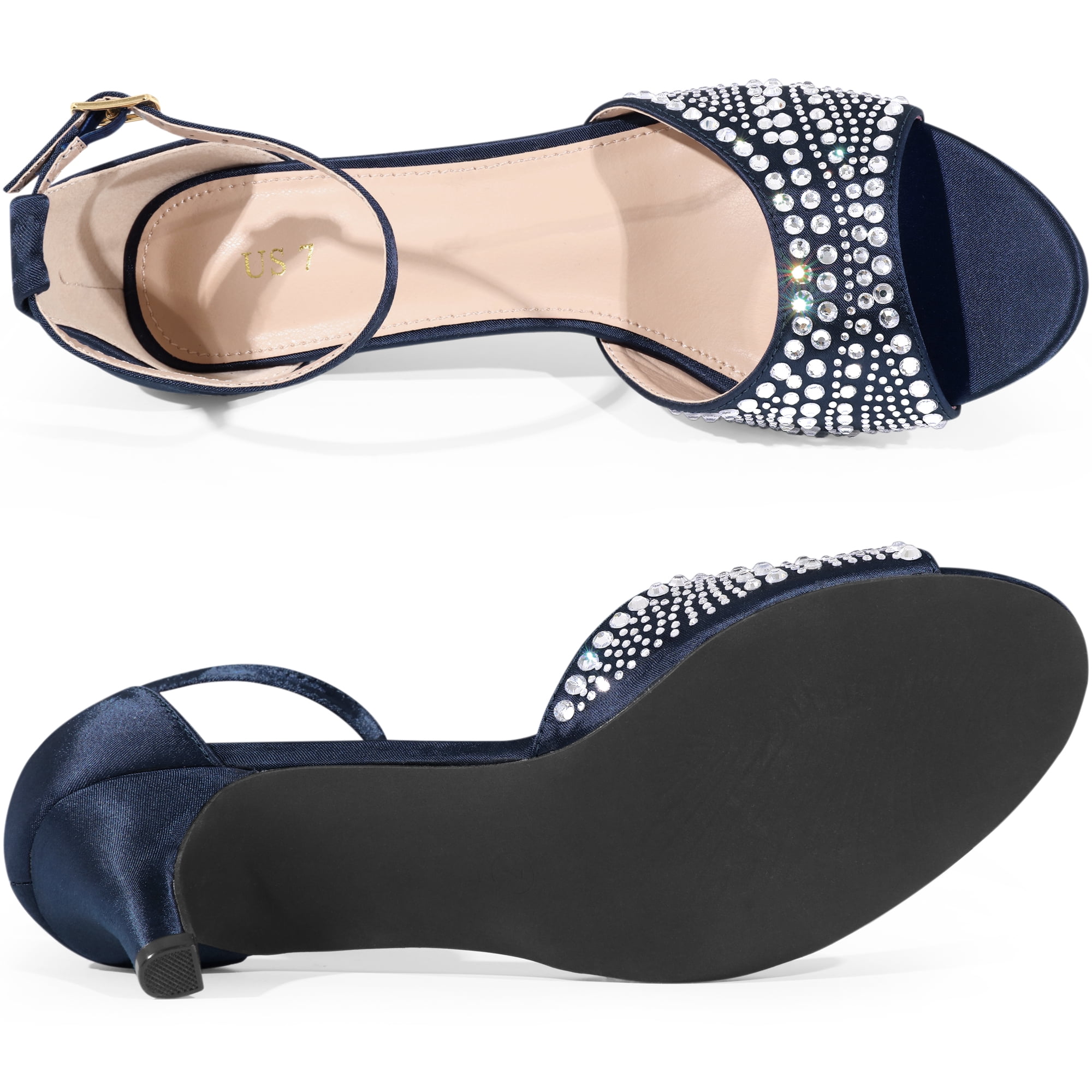 DARING DIVA Women's Rhinestone Ankle Strap Kitten Heel Satin Sandals Dark Blue 7.5