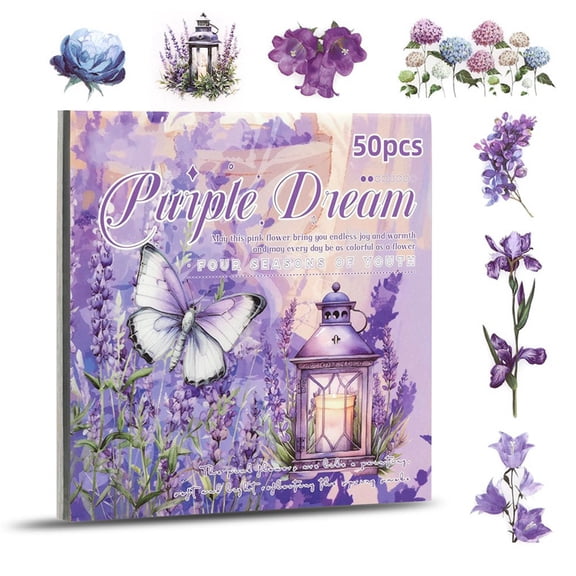 Flower Sticker, Scrapbooking Supplies for Adult Junk Journal 50 Sheets, Transparent Stickers and Material Paper ,1 * Flower Sticker set,Purple