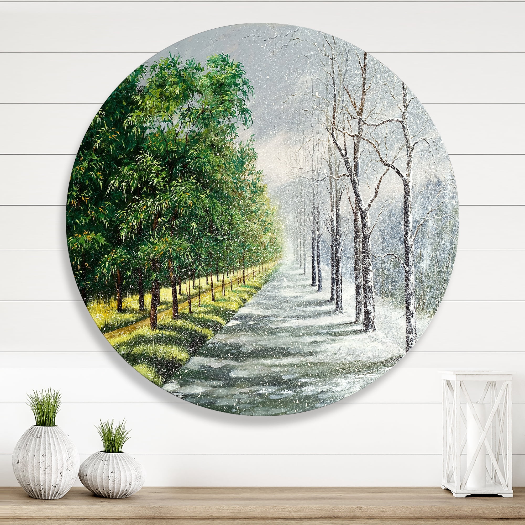 Designart 'Summer and Winter United' Country Circle Metal Wall Art 23x23 - Disc of 23