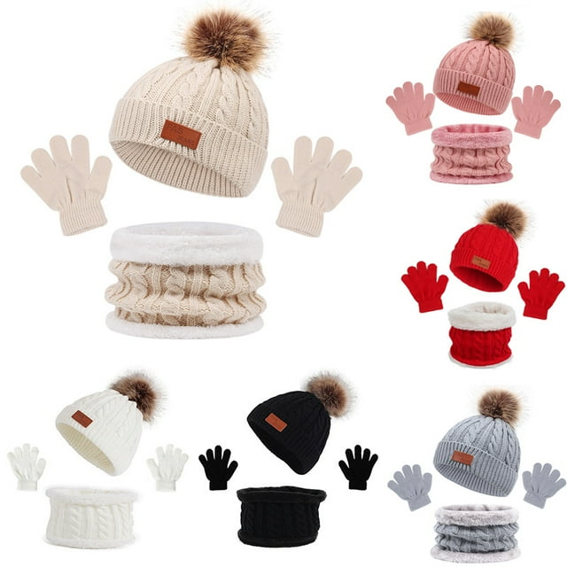 3 Pcs Kids Winter Hat Scarf Gloves Set Warm Knit Beanie Cap & Scarf