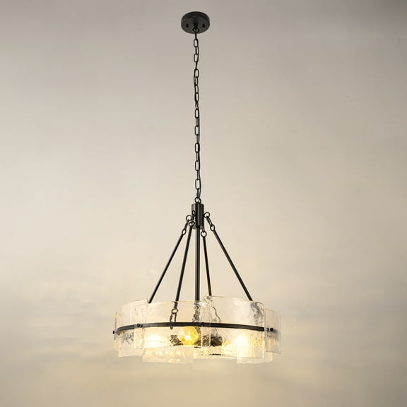 Farmhouse Glass Chandelier, Briignite Foyer Lighting Fixture, Modern Round Chandelier for Dining Room, Kitchen Island, Bedroom, Living Room, Entryway, Black