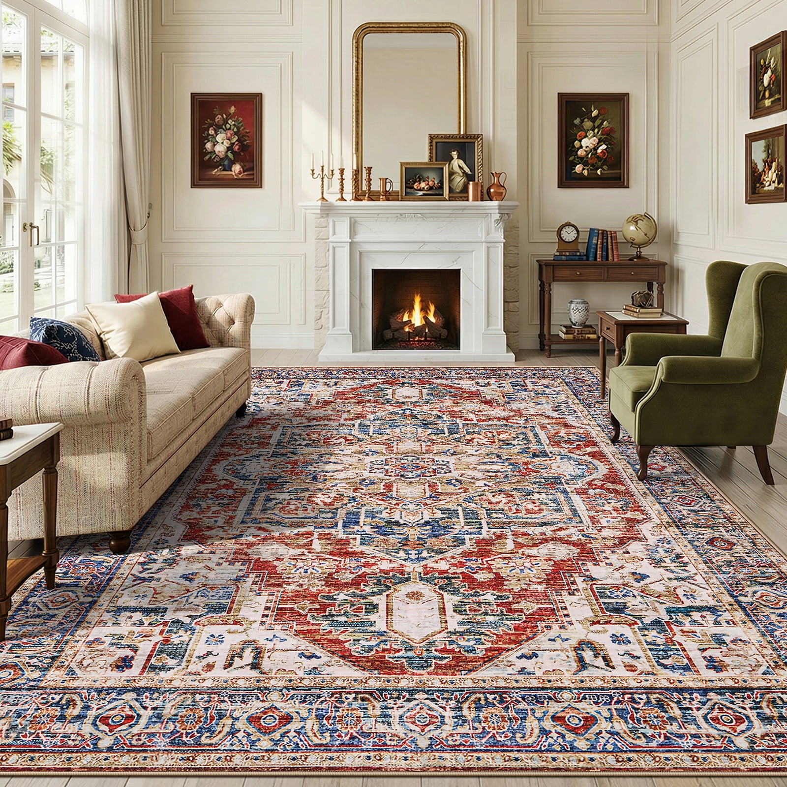 CHITOOMA 9'x12' Boho Area Rugs for Living Room, Machine Washable Area Rug with Non-Slip Backing, Stain Resistant Non-Shed Carpet for Bedroom, Dining Room, Dorm, Office