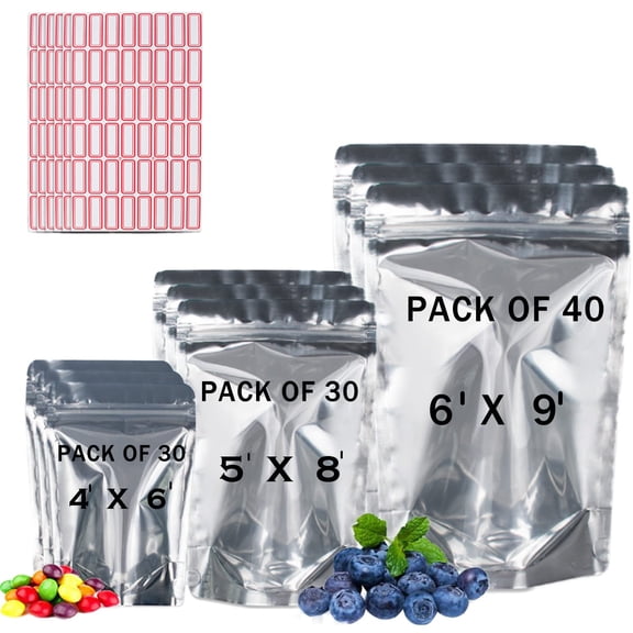 BELLE KR® Mylar Bags for Food Storage- Pack Of 100 (30 Pieces 4"x6" and 5"x8" and 40 Pieces 6"x9") Resealable Mylar Ziplock Bag with 7.5mil Thickness with Labels