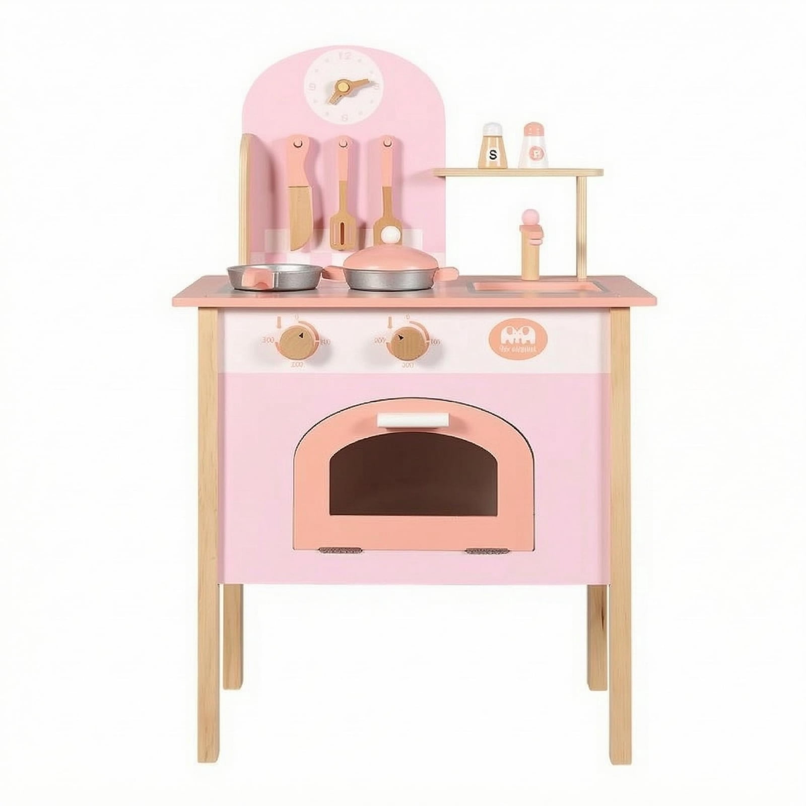 predolo Wooden Play Kitchen Freestanding Toy Kitchen Set Utensil Accessories Young Cook Playset, Pink