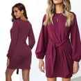 thumbnail image 5 of L Minivestido ajustado de manga larga con cuello redondo y farol para mujer, ropa de fiesta y discoteca de Color sólido con nudo en la cintura, otoño e invierno, 5 of 5
