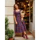 thumbnail image 2 of Vestido de mujer de otoño con estampado a cuadros, mangas abullonadas, escote cuadrado, corpiño ajustado y corte en A fluido., 2 of 8