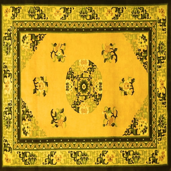 Ahgly Company Machine Washable Indoor Square Oriental Yellow Asian Inspired Area Rugs, 3' Square