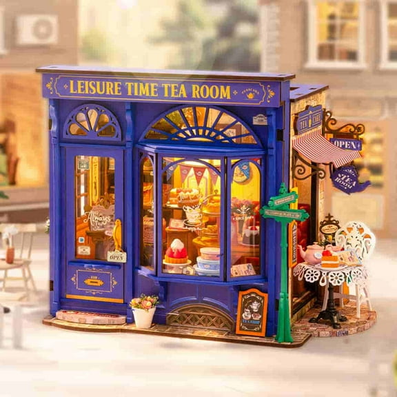 ROBOTIME DIY Miniature House Kit-Leisure Time Tea Room,Mini Wooden Dollhouse Model Building Sets,Tiny Home Craft Kits Gifts for Adults Teens