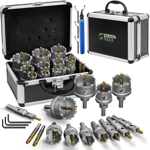 Tungsten Carbide Hole Saw Kit 22 Pcs – Carbide Hole Saw Set 9/16" to 2-1/8" for Metal, Stainless Steel, Wood – Includes 2 Drill Bits, Deb