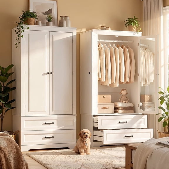 Wooden Armoire Wardrobe with Full-Length Mirror Door, 2 Drawers & Hanging Rod - Adjustable Mirror Position (Left/Right), Anti-Tip Device, Clothing Storage Cabinet for Living Room, White
