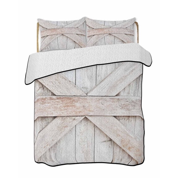 Farm Door Quilts Bedding Set California King Village Beige Wood Plank Farmhouse Door Lightweight Quilted Bedspread 3 Piece Bed Quilt with 2 Pillow Shams All Season for Bedroom 96" x 106"