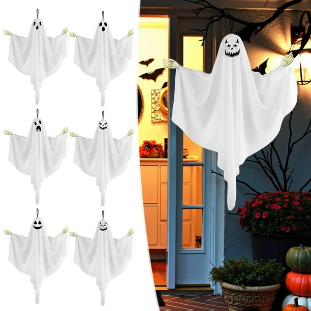Adorno colgante de fantasmas de Halloween | Diseño de huesos de mano espeluznantes | Expresiones Aterradoras y Adorables | Tela y plástico | Fácil de colgar | Decoración interior exterior
