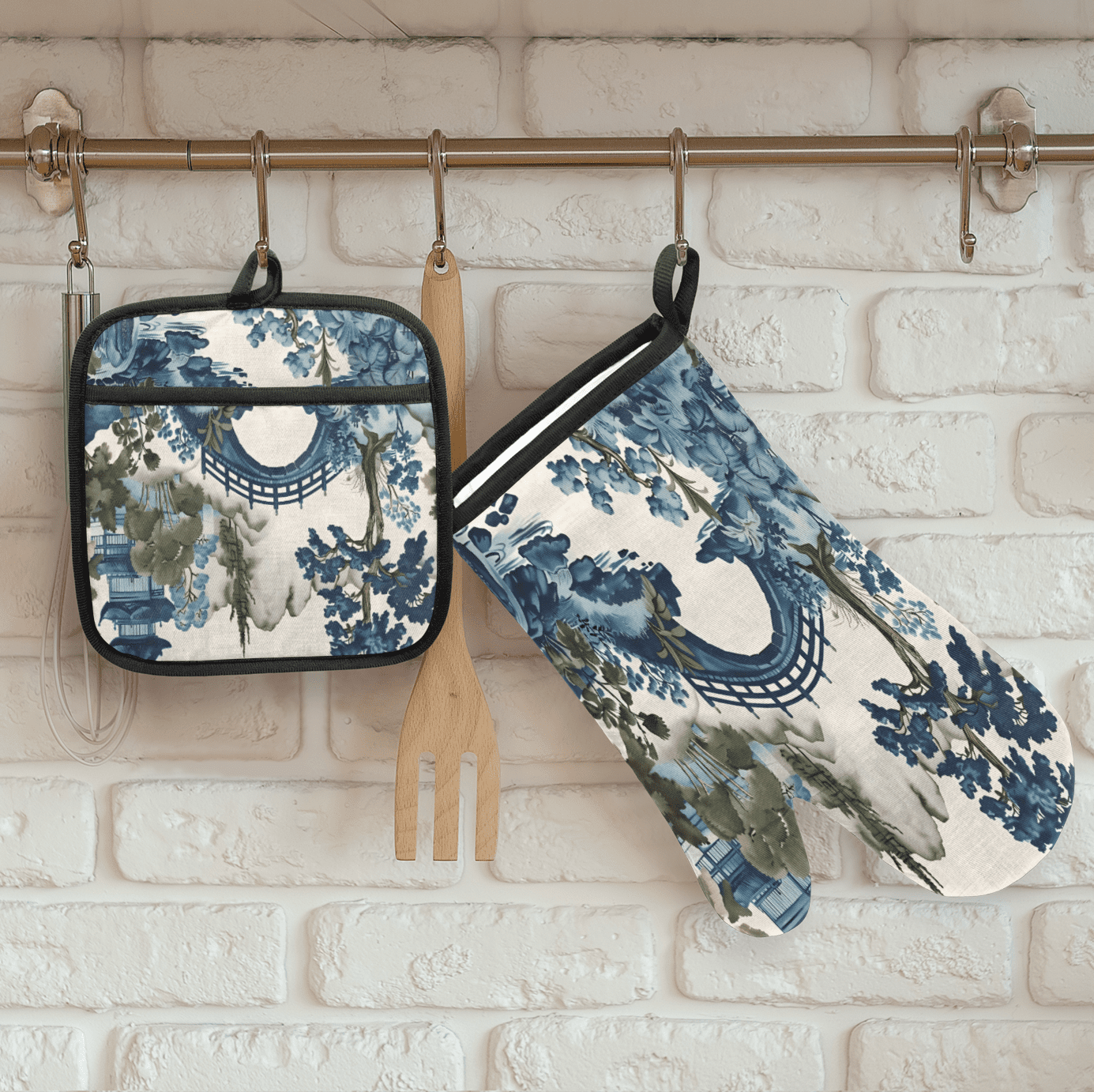 CURLYOOT Japanese Style Bridge Oven Mitts and Pot Holders Sets of 2, Non-Slip Washable Hot Pads and Oven Gloves for Kitchen Cooking Baking