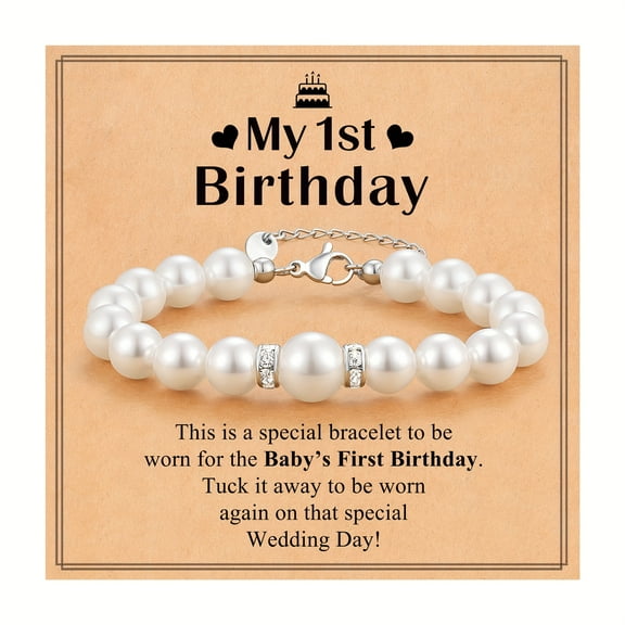 White Beaded Bracelet With a Card For Your Daughter's Granddaughter's Niece's 1st Birthday.