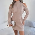 thumbnail image 5 of Women's Sweater Dress Knit Dress Off Shoulder Mock Neck Cable Knit Puff Sleeve Bodycon Winter Dress for Casual Party,Pink,M, 5 of 9