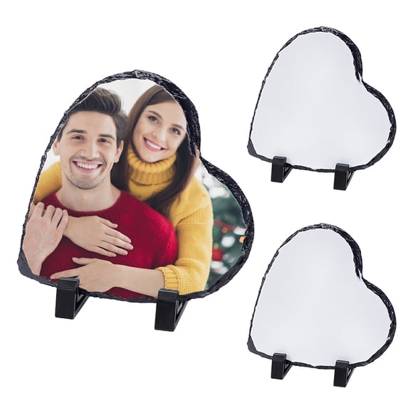 Cadre Photo Pierre d'Ardoise Vierge pour Sublimation avec Support d'Affichage en Plastique Cœur 80,5x140x140mm