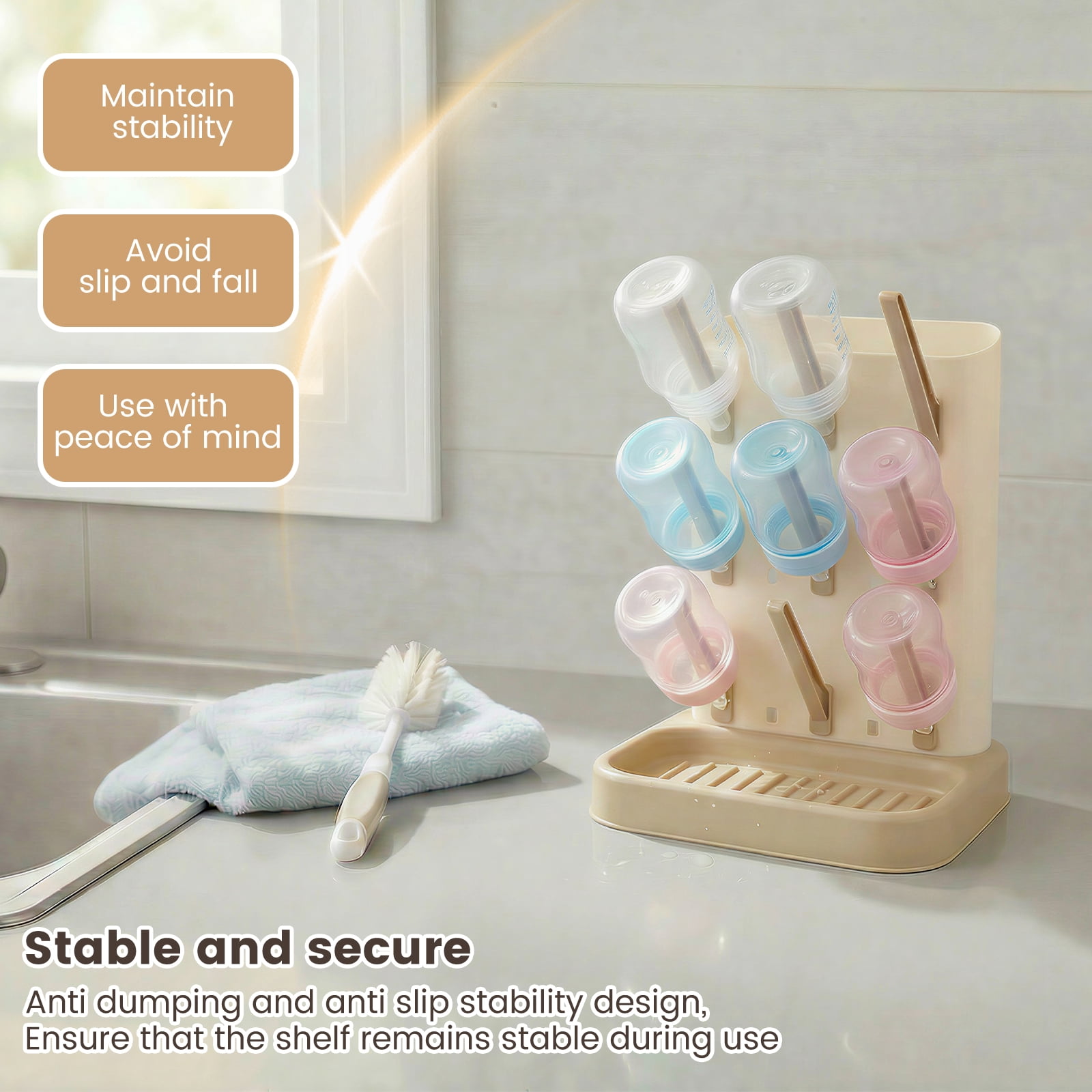 Bottle Drying Rack with 20 Hooks Space Saving Kitchen Bottles Rack Dryer Vertical Bottle Holder Organizer for Countertop Storage Accessories