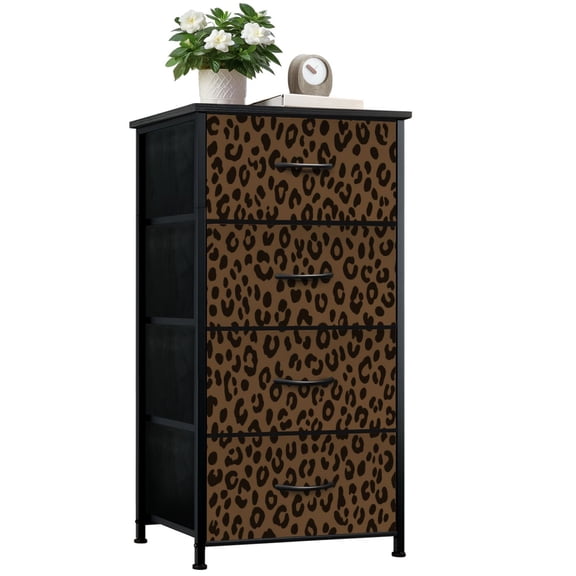 Dresser for Bedroom with 4 Storage Drawers Leopard Print Brown Black Dressers Chest of Drawers Steel Framed Fabric Closet Organizers for Dorm Entryway