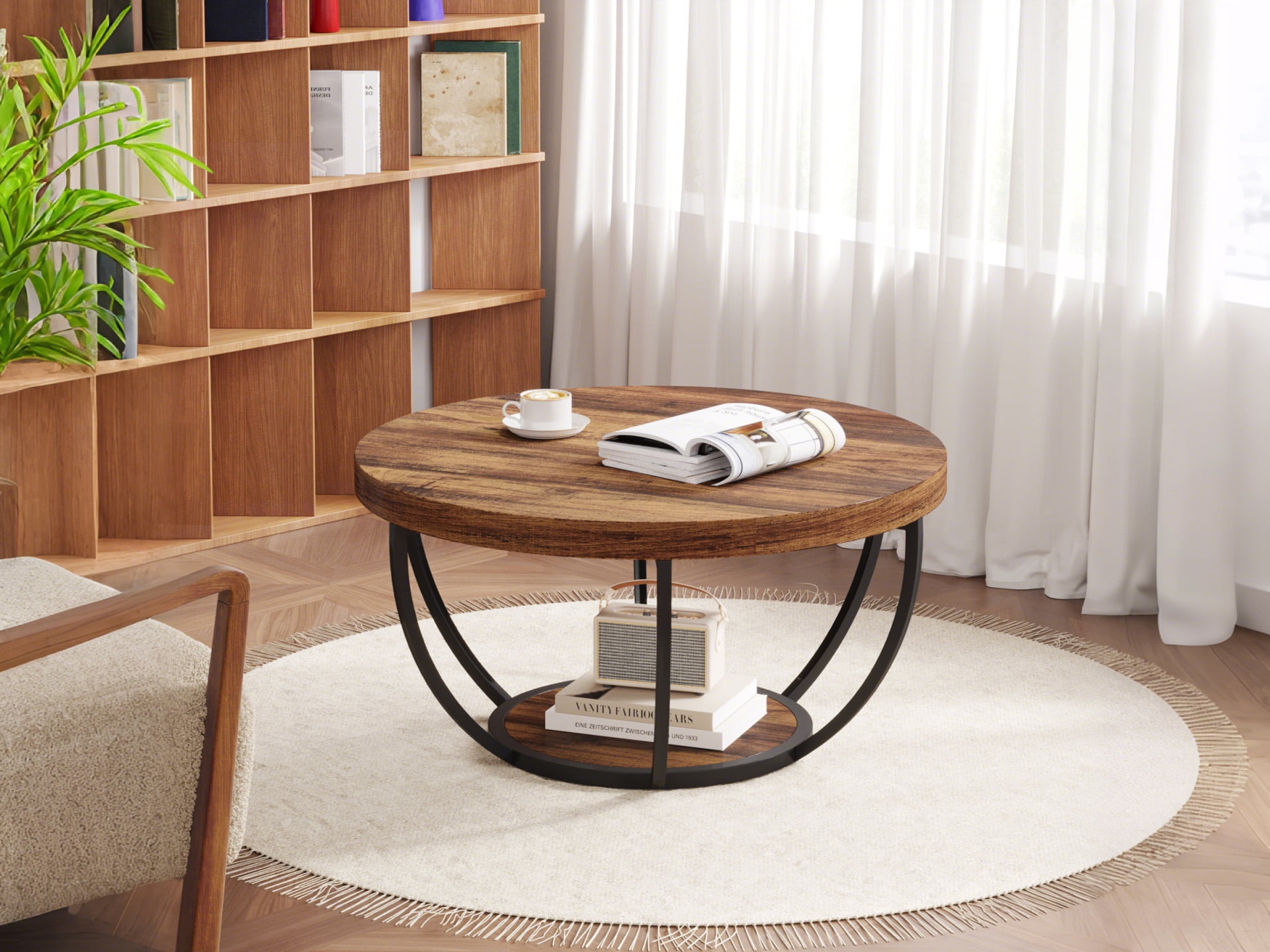 2-Tier Round Wooden Coffee Table, Modern Sturdy Cocktail Table With Storage Shelf For Living Room, Brown