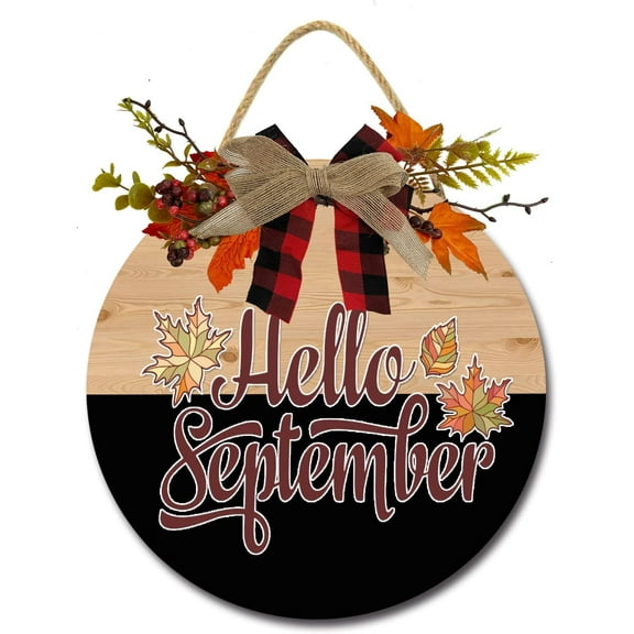 Eveokoki 12" Hello September Wooden Door Sign, Welcome Front Door Plaque Hanger Home Decoration for Farmhouse Office Coffee Shop,Hanging Sign Board with Hanging String for Home Decor
