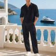 thumbnail image 2 of Men's 2‑Piece Linen Set, Long Sleeve Polo Shirt & Drawstring Casual Pants, Lightweight Breathable Outfit S‑3XL, 2 of 7