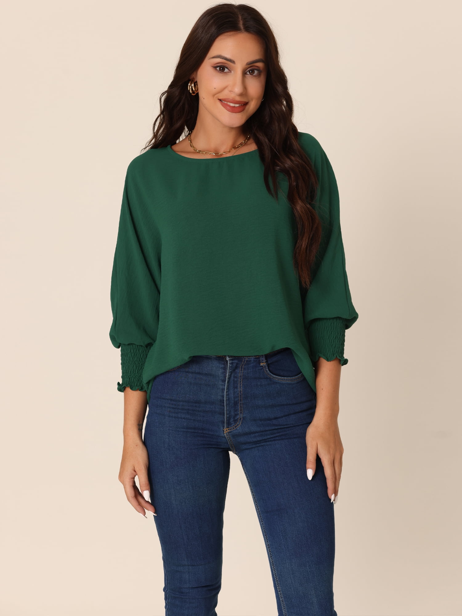 Unique Bargains Women's Casual 3/4 Sleeve Dolman Tops Crew Neck Shirts