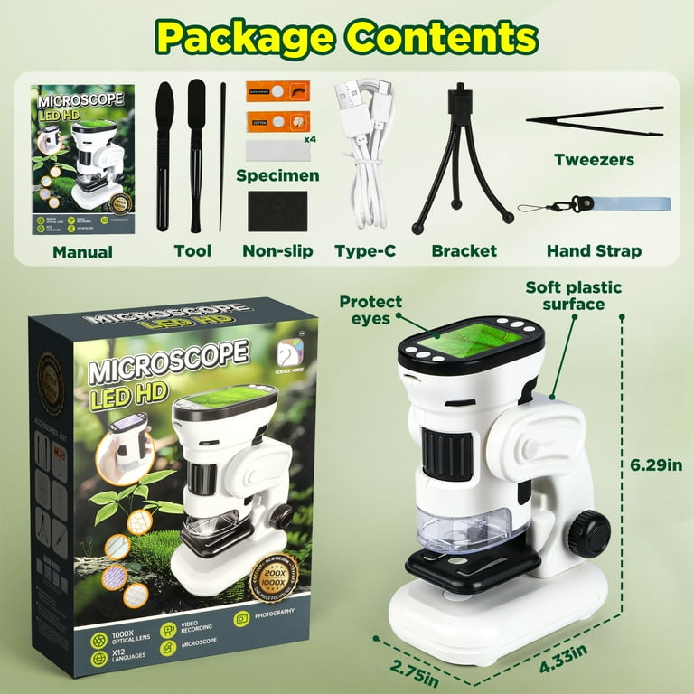 Handheld Kids Microscope With Adjustable LED Lights | Portable Science Tool For Children & Beginners